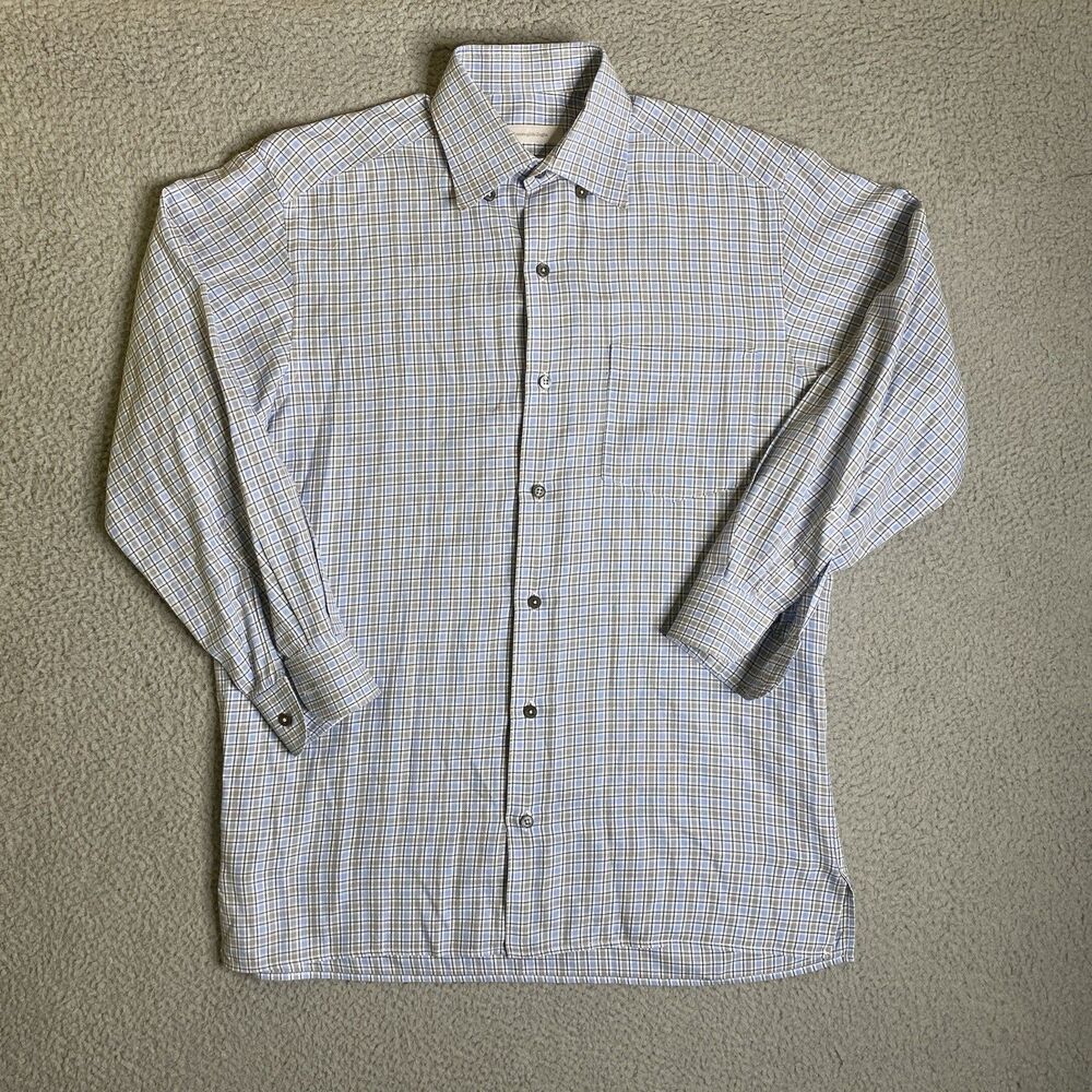 Ermenegildo Zegna Men Medium Blue Gray Plaid Button Up Long Sleeve Casual